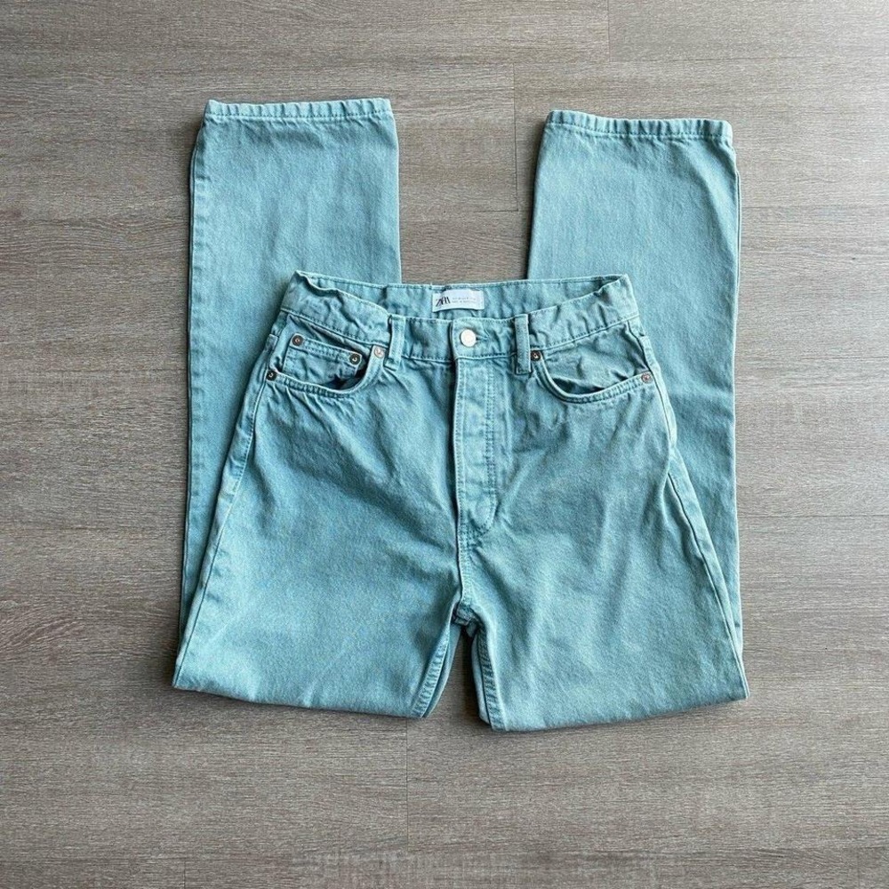 Zara Women's Size 4 High Rise Straight Leg Green Teal Button Fly  Jeans 1282‎